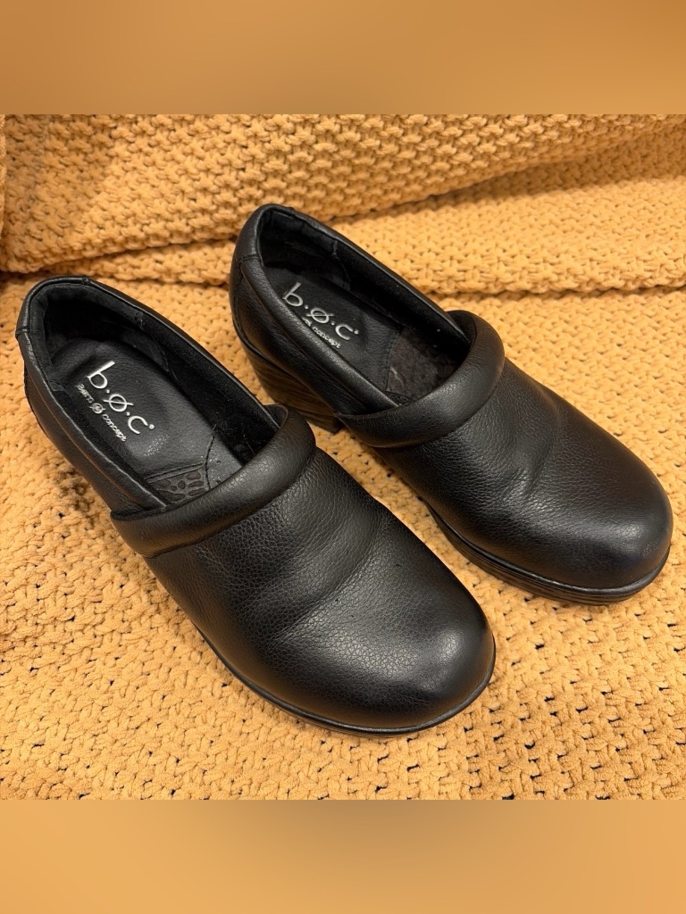 b.o.c. Black Leather Slip-On Clogs